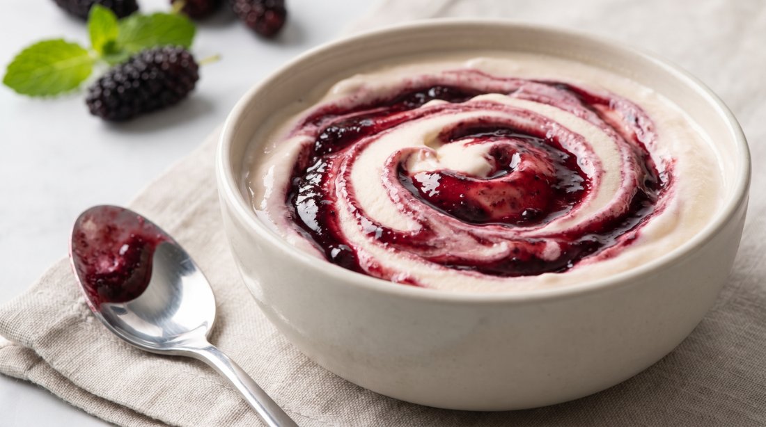 Gelato ripple and yoghurt compote made with organic mulberry puree