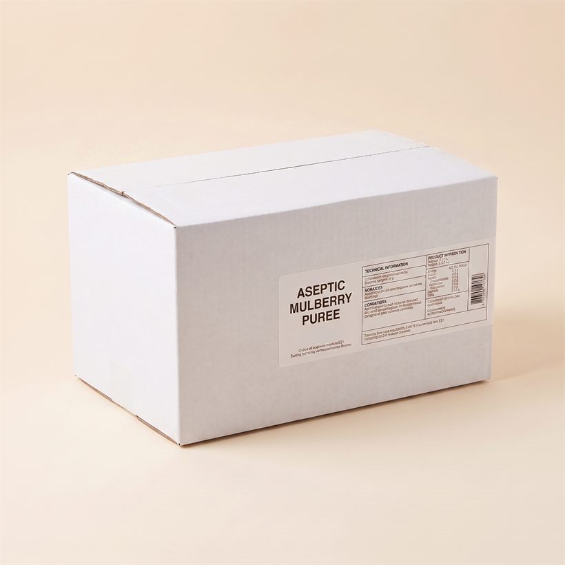 15 kg aseptic bag-in-box of organic mulberry puree with dispensing tap, shelf-stable
