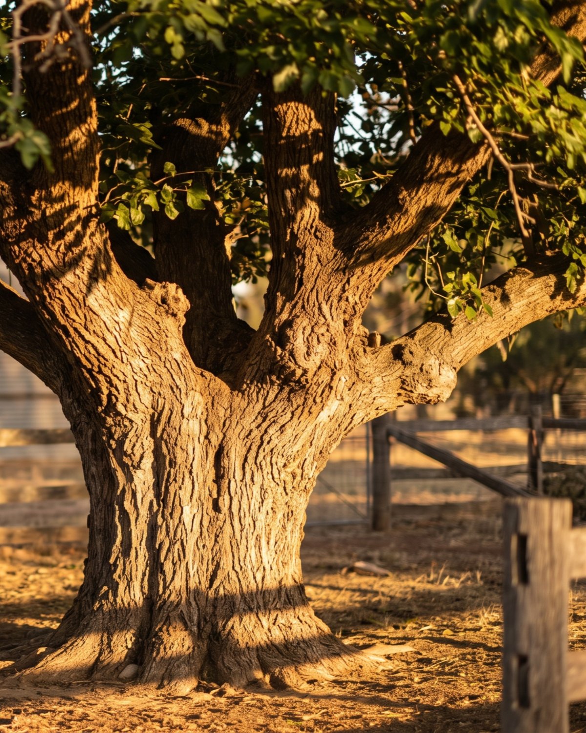 The original old Mother mulberry tree on the property, bark and canopy in low light