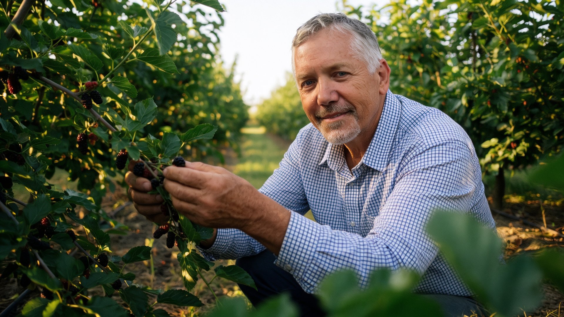 Peter Szabo picking ripe organic mulberries in the Nockburra Creek Farm grove